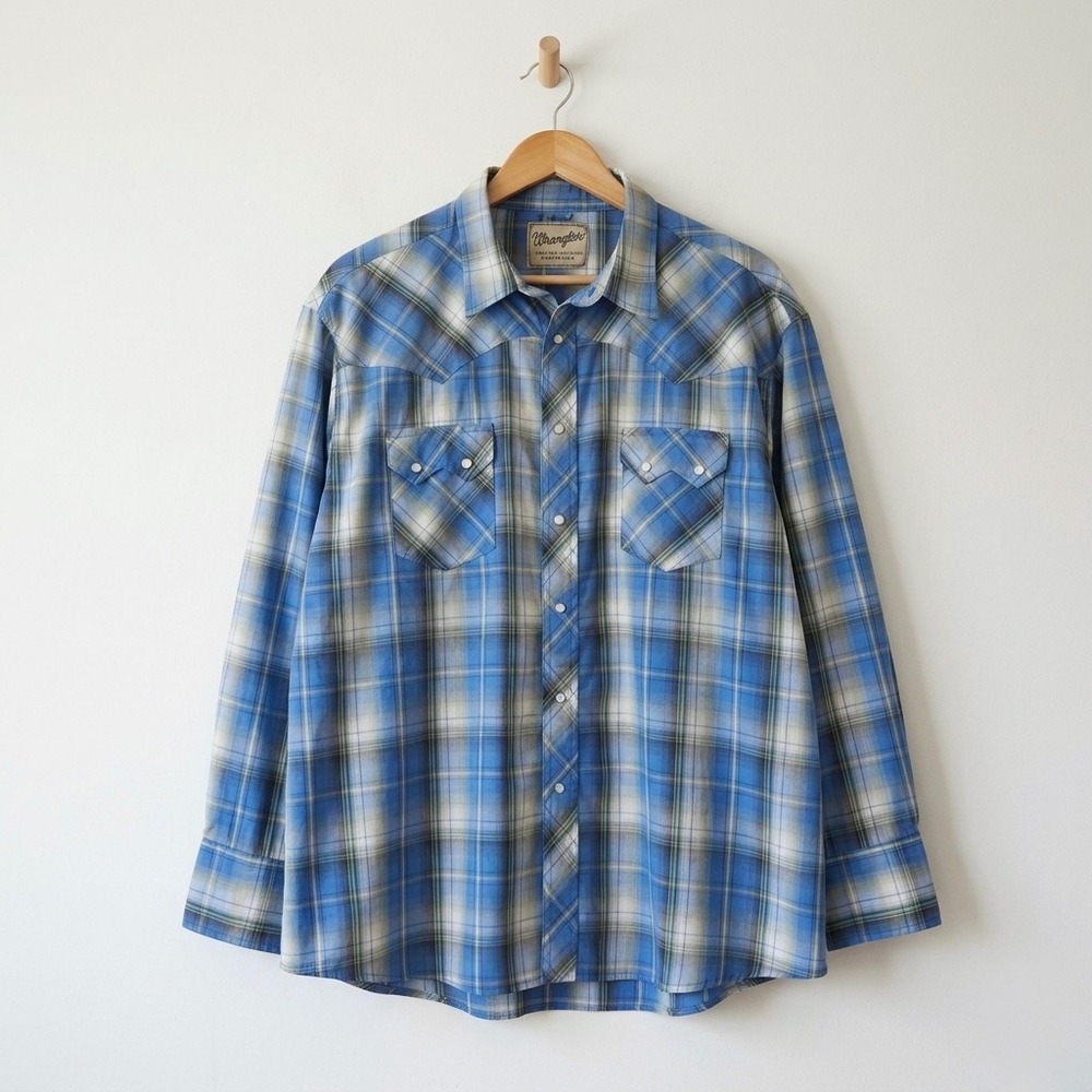 Wrangler Western Fashion Snap Shirt Blue Plaid Long Sleeve Mens Size XXL Country